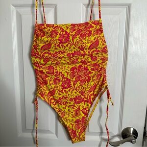 SHEIN Yellow and Red Floral One Piece Swimsuit Size S